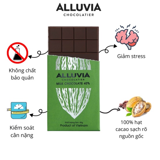 Socola nguyên chất sữa 40% ca cao ngọt ngào alluvia chocolate thanh nhỏ 30 - ảnh sản phẩm 3