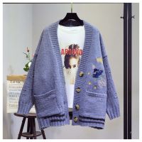 AZYT 2021 Autumn Winter Knitted Cardigan Cartoon Embroidery Oversize Sweater Coat Harajuku Loose Elegant V Neck Women Cardigans