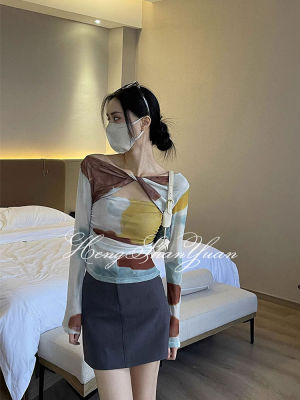 HengShanYuan เสื้อยืดผู้หญิง,เสื้อยืดพิมพ์ลายแขนยาวเปิดไหล่เสื้อยืดคอวี Y2K สไตล์ยุโรปและอเมริกา