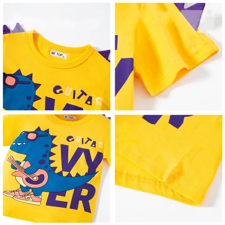 เสื้อยืดสำหรับเด็กผู้ชาย-เสื้อแขนสั้นคอกลมพิมพ์ลายการ์ตูนไดโนเสาร์ระบายอากาศ