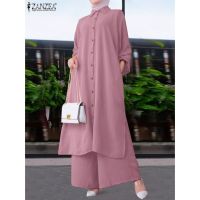 ZANZEA  Solid Muslim Suit Lapel Full Sleeve Long Blouse And Wide Leg Pant Fashion Islamic Clothing Casual Elegant Holida 817