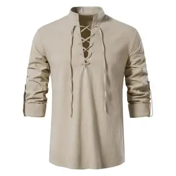 New Fashion Men's Hooded Tee Long Sleeve Cotton Henley T-Shirt Medieval Lace  Up V Neck