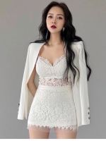 P014-002 PIMNADACLOSET - 3Pc Spaghetti Strape Top, Lace Skirt with White Long Sleeve Suit