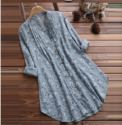 2022 Womens shirt V-neck pleated floral print long sleeve casual Dress