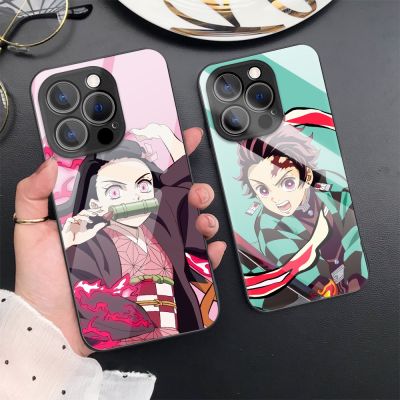 Fashion Anime Demon Slayer Hard Case Compatible For iPhone 14 Pro Max 13 12 11 XR X Xs 7 8 Plus Camera Protection Tempered Glass Phone Casing