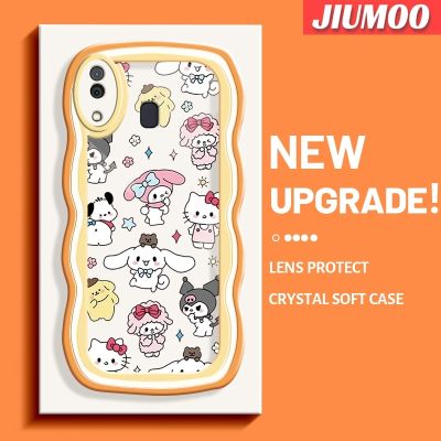 JIUMOO เคส M10s A20s A20ลายการ์ตูน Sanrio Family Hello Kitty แฟชันลายคลื่นเคสโทรศัพท์โปร่งใสเลนส์กล้องถ่ายรูปเคสกันกระแทกป้องกันซิลิโคนอ่อนชัดเจน