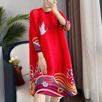 2021 spring and autumn new fashion pleated dress retro printed cheongsam dress mid-length loose mother dress skirt woman dress