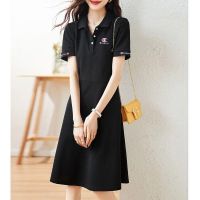 ▤♚♨ Japanese version championˉ Polo collar dress womens 2023 summer t-shirt embroidered mid-length skirt pure cotton short-sleeved sweater skirt