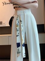 กางเกงเอวสูงกางเกงขาม้าสำหรับผู้หญิงสวยกางเกงเอวสูงเอวสูงสีขาวมีกระดุม MODE Korea ใหม่ฤดูใบไม้ผลิ2023สำหรับสาวออฟฟิศกางเกงลำลองผู้หญิง