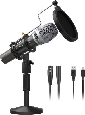 MAONO USB/XLR Podcasting Dynamic Microphone, Studio Mic Kit with Volume Control, Shock Mount, Pop Filter, Ideal for Vocal, Recording, Voice Over, Live Streaming (Gray)