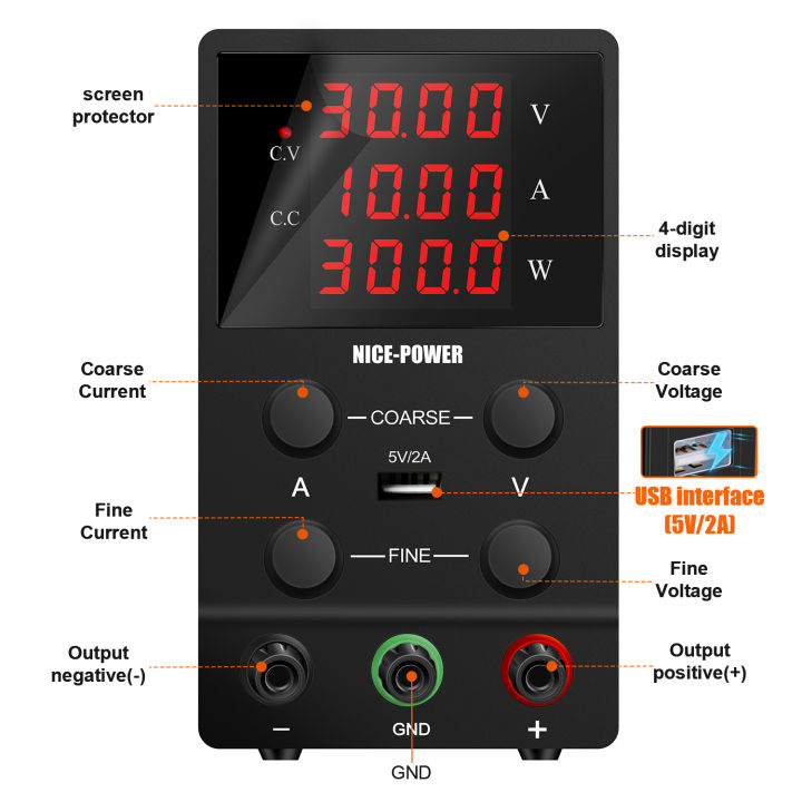 ตัวแปรแหล่งจ่ายไฟกระแสตรงพลังงานดีซี-30v-10a-สวิตช์ปรับได้ควบคุมความแม่นยำสูง4หลักจอแสดงผลแอลอีดี5v-2a-พอร์ต-usb-ทดสอบตะกั่วเอาต์พุตและสายไฟอินพุตอุปกรณ์จ่ายไฟในแล็บ