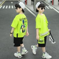 110-160CM Childrens Loose Colored Short Sleeve T-shirt Split Short Shorts Set for Middle and Big Boys Korean casual two-piece set for quick delivery in stock