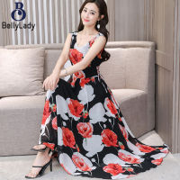 Women Ice Silk Mid-length Dress Floral Printing V Neck A-line Skirt Summer Sleeveless Tank Dress【fast】