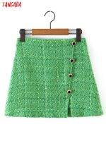 Tangada 2021 Women Green Tweed Skirts Buttons French Style Female Mini Skirt SL116