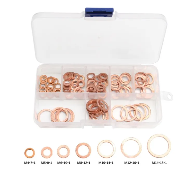 100pcs-set-m4-m14-assorted-copper-washer-gasket-set-flat-ring-seal-assortment-kit-with-box-for-hardware-accessories