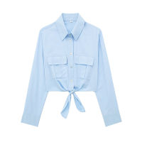 YENKYE 2023ผู้หญิงด้านหน้า Patch กระเป๋า Light Blue Knotted เสื้อ Vintage แขนยาว Lapel Collar หญิง Crop Blouse