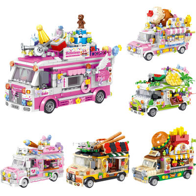 2021MIni Movable Food Trucks Fruit Dessert Ice Cream Cake Sushi Burger Cars Building Blocks Stitchin Toys Girl Birthday Gifts