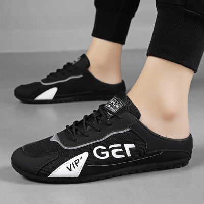 Vikey 2023รองเท้าตาข่ายฤดูร้อนใหม่สำหรับผู้ชายรองเท้าลำลองรองเท้าสลิปออนแฟชั่นกลางแจ้งครึ่งรองเท้าแตะ (สีดำสีเทาสีขาว)