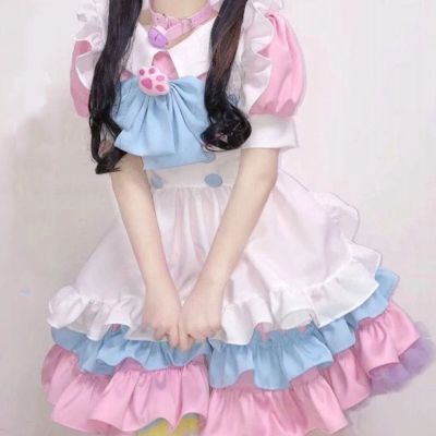 Kawaii Lolita Anime Maid Outfit Pink + Blue Cosplay Maid Outfit Lolita Skirt Costume Cute Japanese Cosplay Costume Anime Outfit