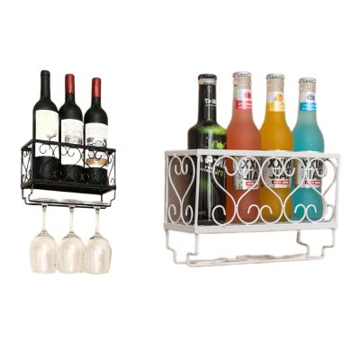 Wall Mounted Wine Rack Bottle Glass Holder with Goblet Stemware Hanger Organizer