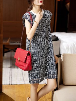 Elegant Womens Summer 2023 New Fashion Casual Loose Mini Dress Vintage Chain Print Flying Sleeve Classic Office Lady Fit Dress