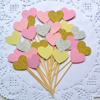 30pcs Cupcake Decorating Disposable Party Tableware Fruit Dessert Sticks Fun Pink Heart Glitter Mini Birthday Wedding Supplies
