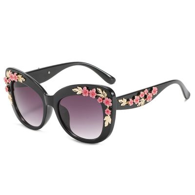 Fashion Design Flower Sunglasses for Women Vintage Metal Pink Rose Decorative Eyewear Oversize Cat Eye Sun Glasses