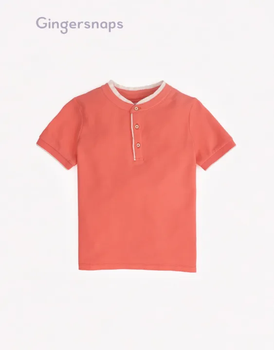 Boy's Shirt with Mao Collar and Stripes in Green and Pink