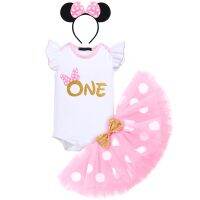 【JH】 Infant Baby Happy Birthday Outfit Fly Sleeve Letters Romper Top With Dot Tutu Skirt And Cartoon Headband