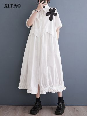 XITAO Shirt Dress Loose Flower Decoration Dress Casual Women
