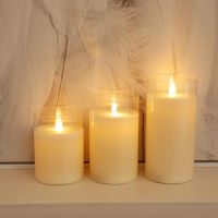 USB Rechargeable Remote controlled Flickering Dancing Wick Pillar Candle Paraffin Wax LED Glass Candle Set Home Decoration-Amber