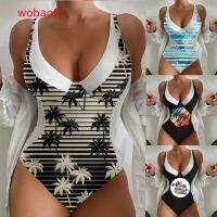 【Wobaofu】ชุดว่ายน้ําผู้หญิง พิมพ์ลาย Monokini ชุดว่ายน้ําคอวี