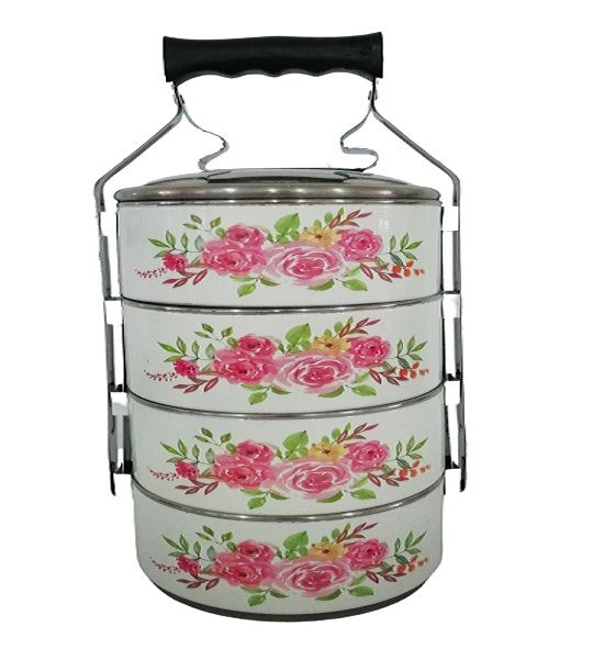 Pink Floral Stainless Steel Lunch Box Tiffin, 'Floral Pink Tiffin