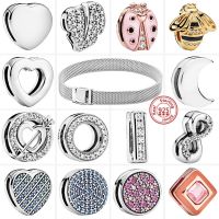 925 Sterling Silver Lucky Beads Pavé Heart Moon Bee Leaves Round Clip Charm Fit Original Pandora Reflexions Bracelet Jewelry DIY