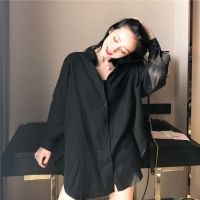 COD Retro loose V-neck long-sleeved shirt Womens cold style black all-match lazy shirt