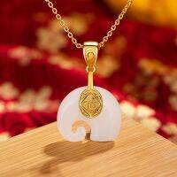 [COD] Inlaid jade necklace womens ancient gold craft inlaid imitation natural Hetian pendant lucky elephant safety buckle gift