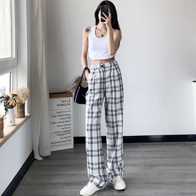‘；’ Female Chic Women Simply Plaid Pockets Casual Straight Pants Elastic Waist Lace Up Summer Long Trousers