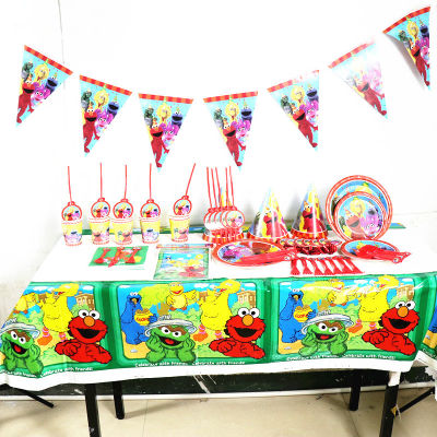 Sesame Street Party Supplies Elmo Theme ฉากหลังชุดเครื่องใช้บนโต๊ะอาหารสำหรับงานเลี้ยงจานกระดาษถ้วยผ้าเช็ดปากตกแต่งวันเกิดผ้าปูโต๊ะงานปาร์ตี้ของขวัญวันเกิดสำหรับเด็ก