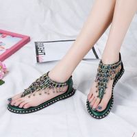 COD ☎♚○ saafeeqdsdfsdw Sandals Slippers Sandals Women 2020 Summer Versatile Student Fairy Style Bohemian Rhinestone Flip-Toe Roman Flat Shoes