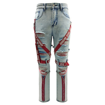 2022 Mens trendy Patch webbing ripped jacquard Jeans MID-RISE SLIM FIT Wear-resistant Small Feet กางเกงไซต์ศิลปะ