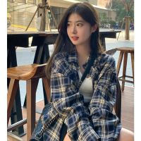 ஐ♛ Power style plaid shirt womens lazy style retro loose shirt cardigan jacket long-sleeved top spring and autumn