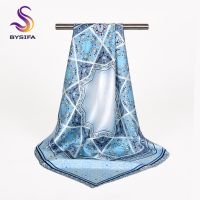 BYSIFA ผ้าพันคอผ้าไหมคลุมหัวสำหรับผู้หญิง,Syal Sutra สีฟ้าอ่อนลายดอกไม้สำหรับฤดูใบไม้ผลิผ้าพันคอคลุมไหล่ฤดูใบไม้ร่วง