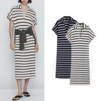 ☋✁MASSIMO DUTTI เดรสยาวคอ Kaus POLO Garis ลำลอง,เดรส6642796ทรงหลวมใส่สบายมาใหม่ฤดูร้อน