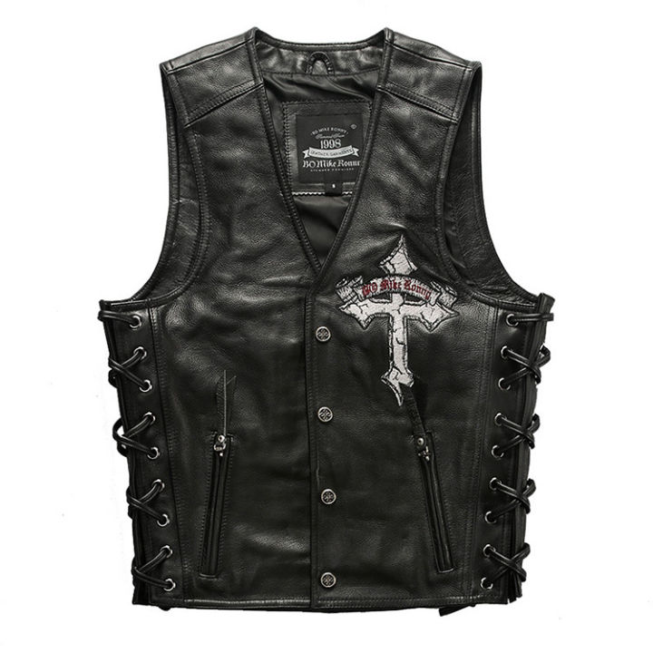 Harley Vest V-neck Leather Motorcycle Vest For Men Skull Embroidered ...