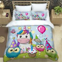 【hot】✵ Printed cartoon Set Unicorn Kids Duvet Cover Bed three-piece Sheet