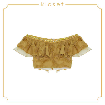 Kloset Off-Shoulder Crop Top (AW18-T008) เสื้อผ้าแฟชั่น เสื้อผ้าผู้หญิง เสื้อปาดไหล่ เสื้อแต่งลูกปัด