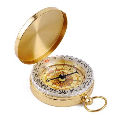 ：“{—— Hiking Brass Survival Compass Portable Pocket Watch Type Camping Compass Outdoor Travel Tactical Tool With Luminous Waterproof