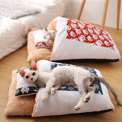 Pet Cats Sleeping Bag Soft Indoor Pet Bed Sofa 2 in 1 Pet Nest Warm Cozy Covered Bed Snuggle Sack for Cats Puppy