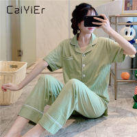 CAIYIER Summer Autumn Women Nightwear Solid Short Sleeve Trousers Elastic Waist Causal Pajamas Set For Ladies Pijamas Loungewear