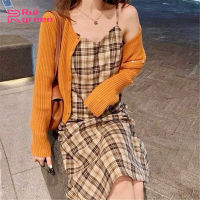 Women Summer Plaid Printing Sling Dress Mid-length V Neck Bottom Dress